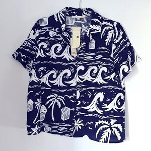 C&C California Hawaiian Novelty Beachy Print Linen Blend Button Down Shirt NEW